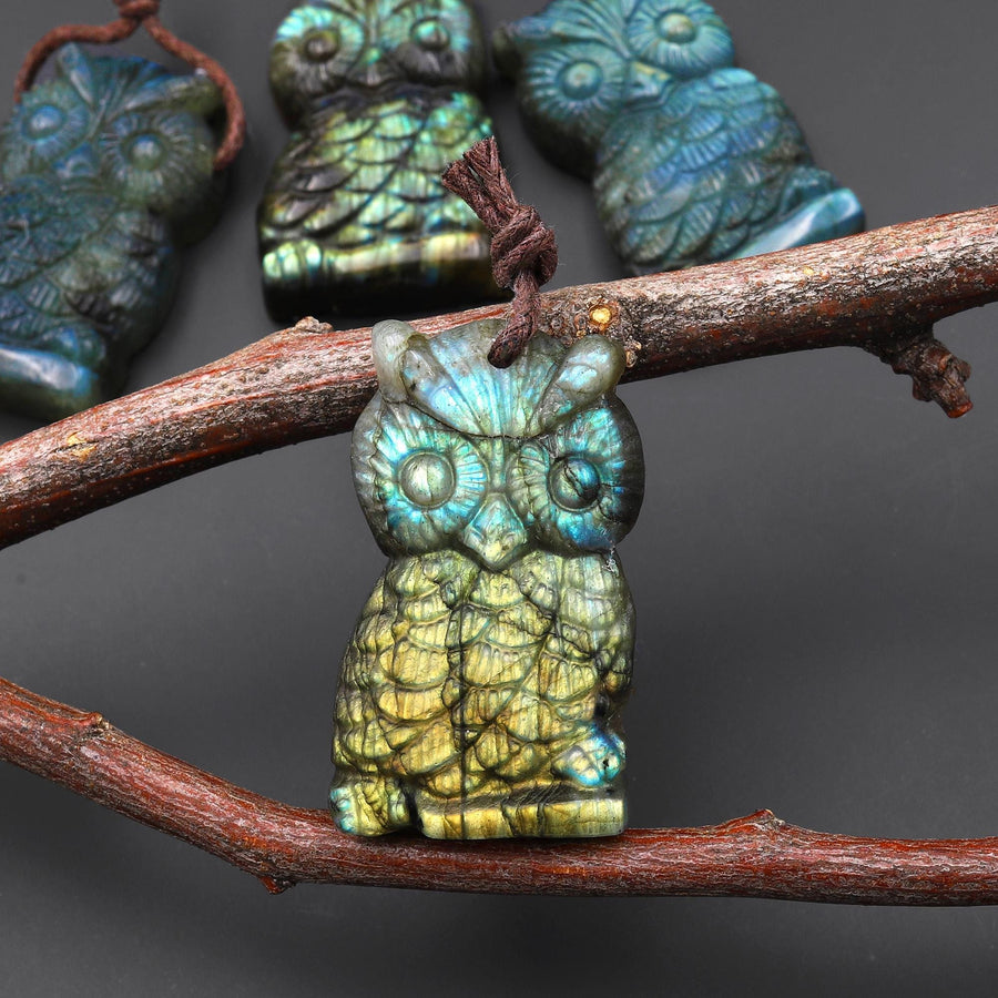 AAA Hand Carved Natural Labradorite Owl Pendant Drilled Gemstone Focal Bead A2