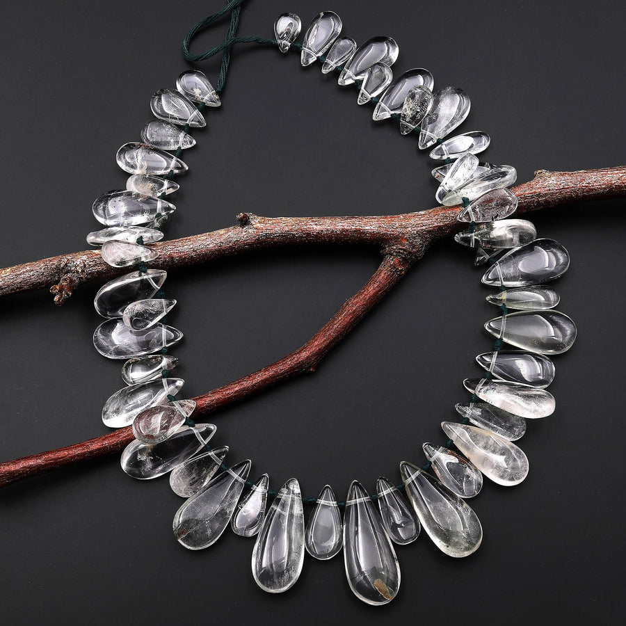 AAA Super Clear Natural Rock Crystal Quartz Smooth Teardrop Focal Beads Pendant Top Side Drilled 16" Strand