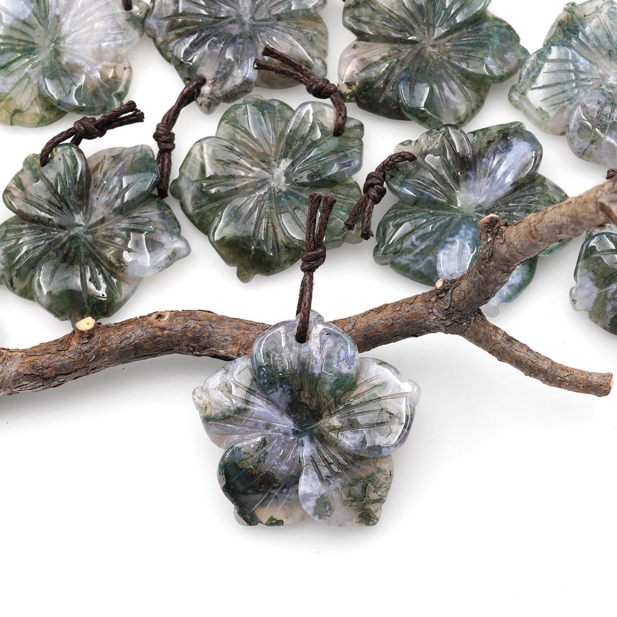 Hand Carved Natural Green Moss Agate Gemstone Flower Pendant A2