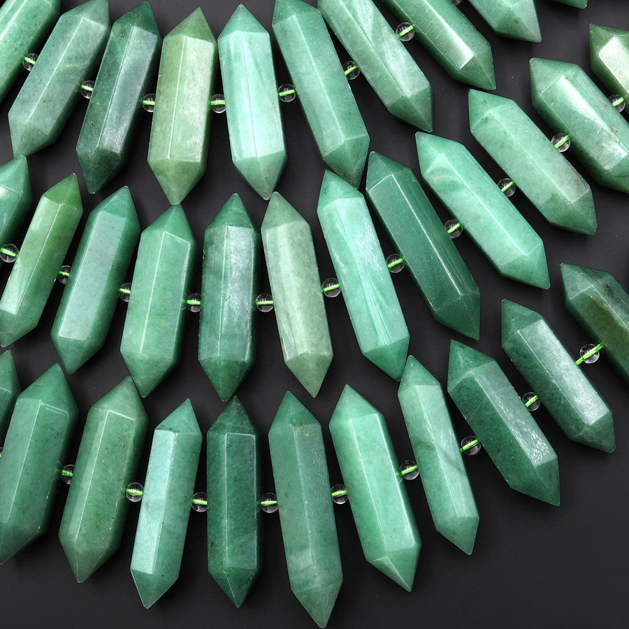 Natural Green Aventurine Beads Double Terminated Points Center Drilled Thin Long Healing Natural Crystal 15.5" Strand
