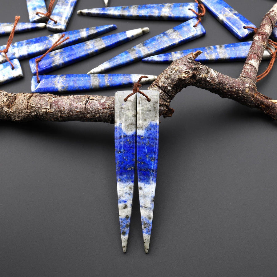 Natural Denim Blue Lapis Earring Pair Modern Long Dagger Triangle Matched Gemstone Beads A3