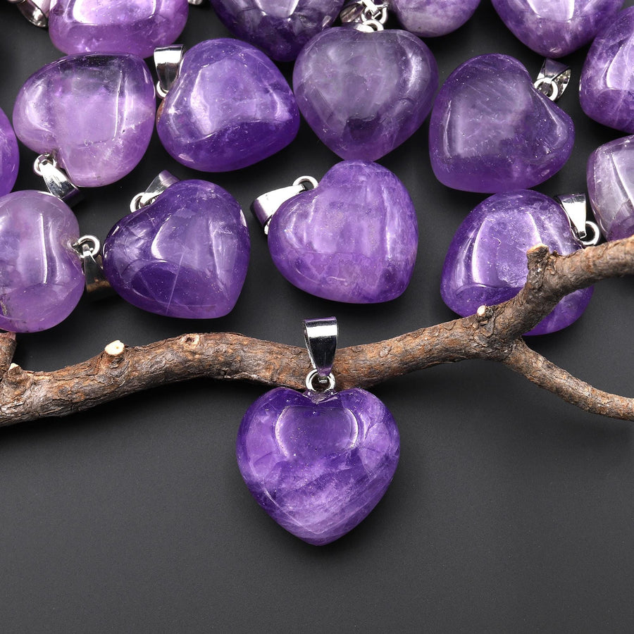 Natural Purple Amethyst Gemstone Puffy Heart Pendant Natural Crystal Focal Bead A1