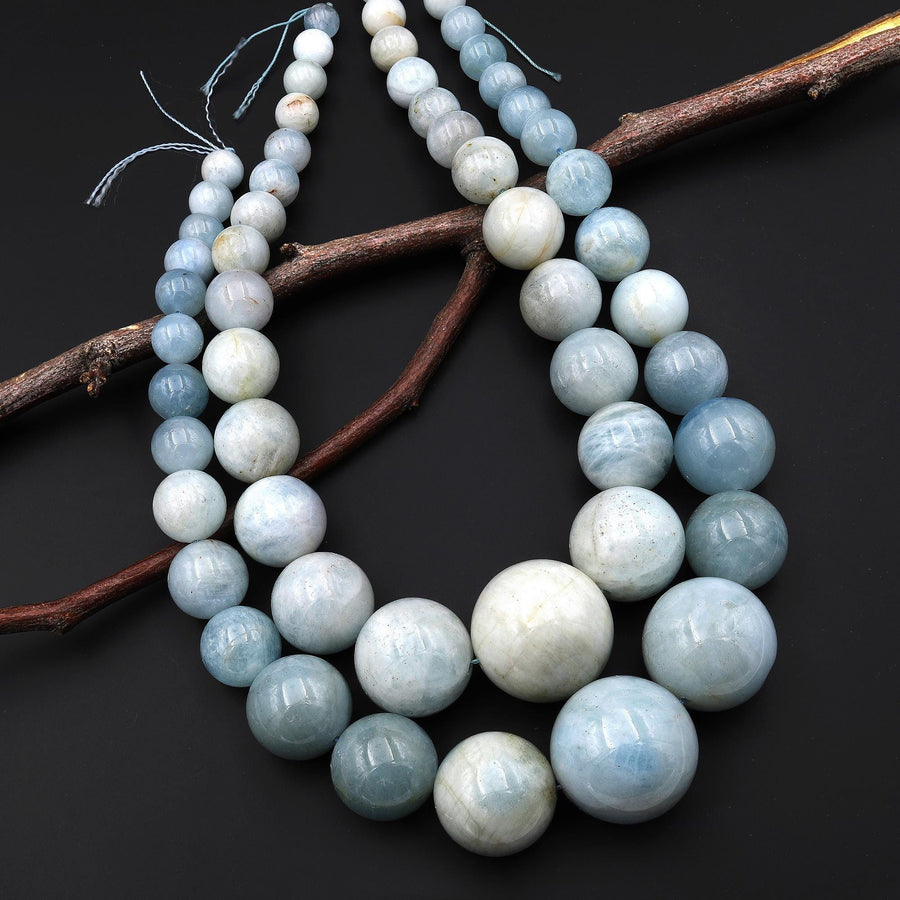 Graduated Large Natural Blue Aquamarine Smooth Round 10mm 30mm Beads Gemstone 18" Strand