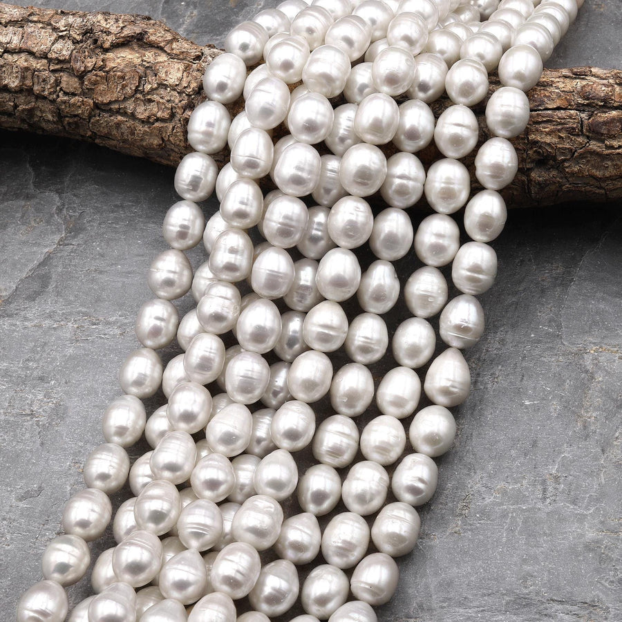 Large Genuine White Freshwater Potato Oval Pearl Shimmery Iridescent Classic White Pearl 15.5" Strand