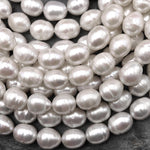 Large Genuine White Freshwater Potato Oval Pearl Shimmery Iridescent Classic White Pearl 15.5" Strand