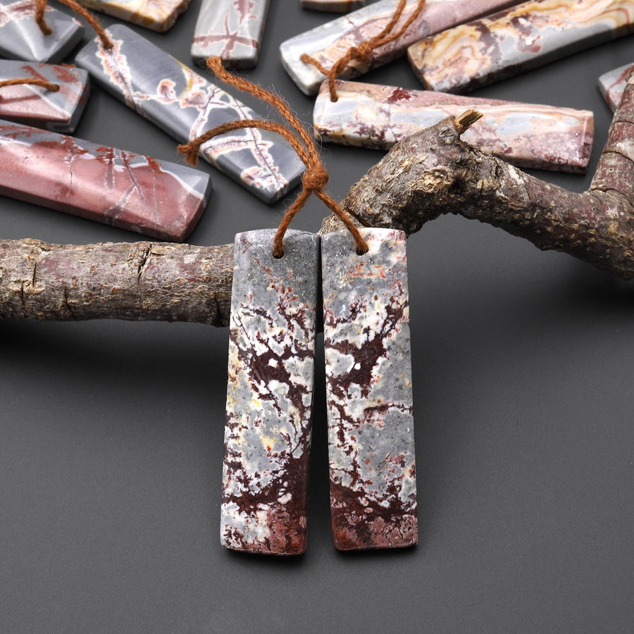 Natural Sonora Dendritic Rhyolite Jasper Long Rectangle Earring Drilled Gemstone Matched Beads Pair From Mexico A9