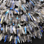 Flashy Natural Labradorite Golden Green Blue Flashes Freeform Top Side Drilled Thin Long Spike Point Beads Gemstone 15.5" Strand