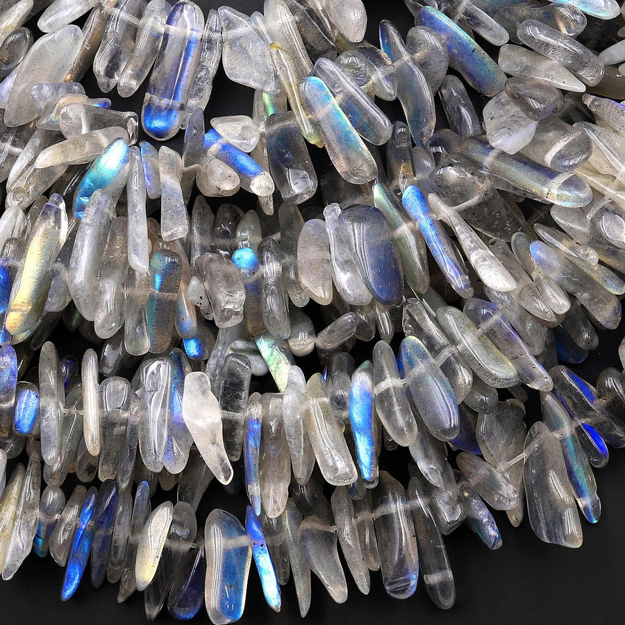 Flashy Natural Labradorite Golden Green Blue Flashes Freeform Top Side Drilled Thin Long Spike Point Beads Gemstone 15.5" Strand
