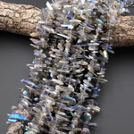 Flashy Natural Labradorite Golden Green Blue Flashes Freeform Top Side Drilled Thin Long Spike Point Beads Gemstone 15.5" Strand