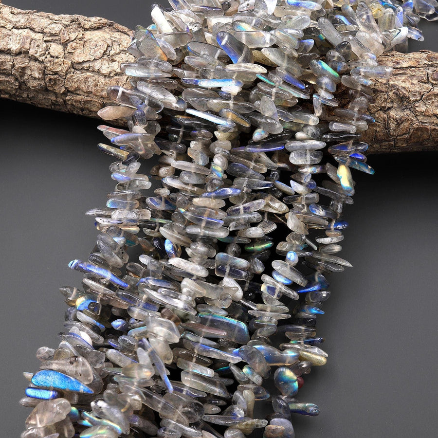 Flashy Natural Labradorite Golden Green Blue Flashes Freeform Top Side Drilled Thin Long Spike Point Beads Gemstone 15.5" Strand