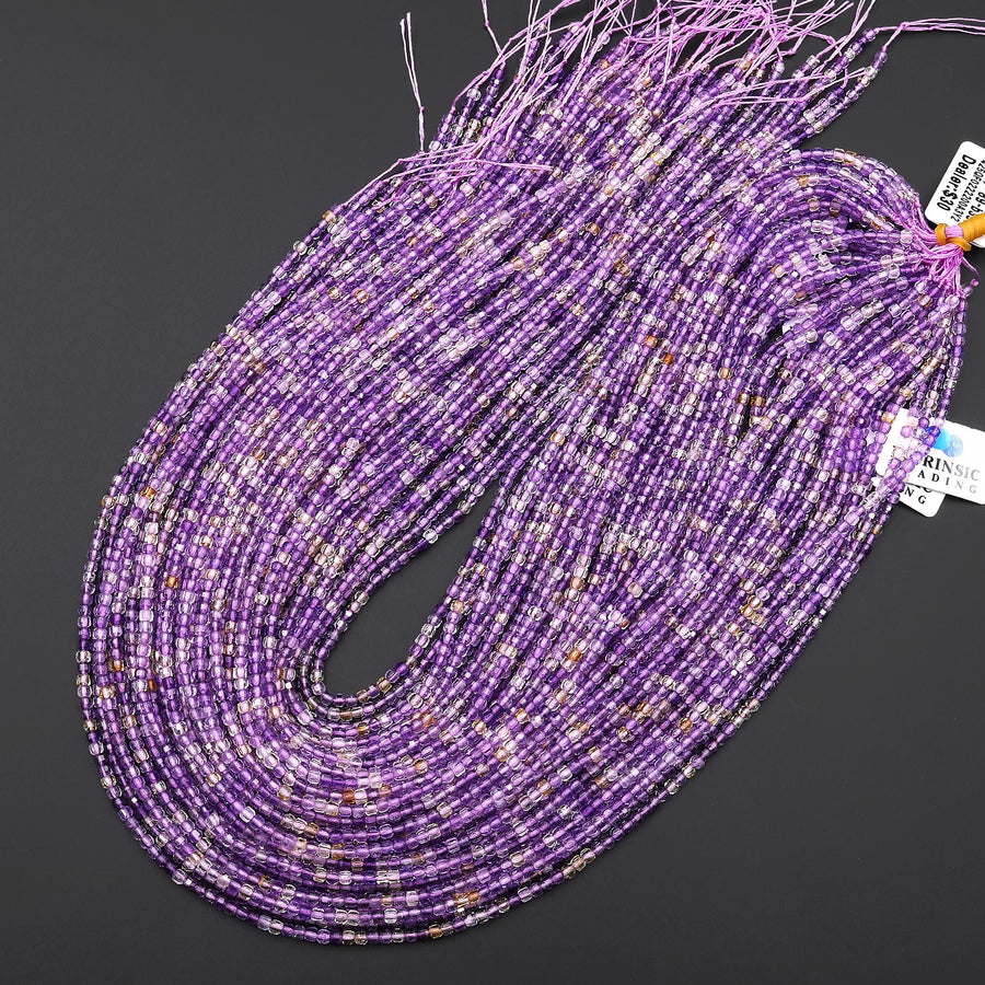 Faceted Natural Ametrine 2mm Cube Beads Micro Laser Diamond Cut Gemstone 15.5" Strand