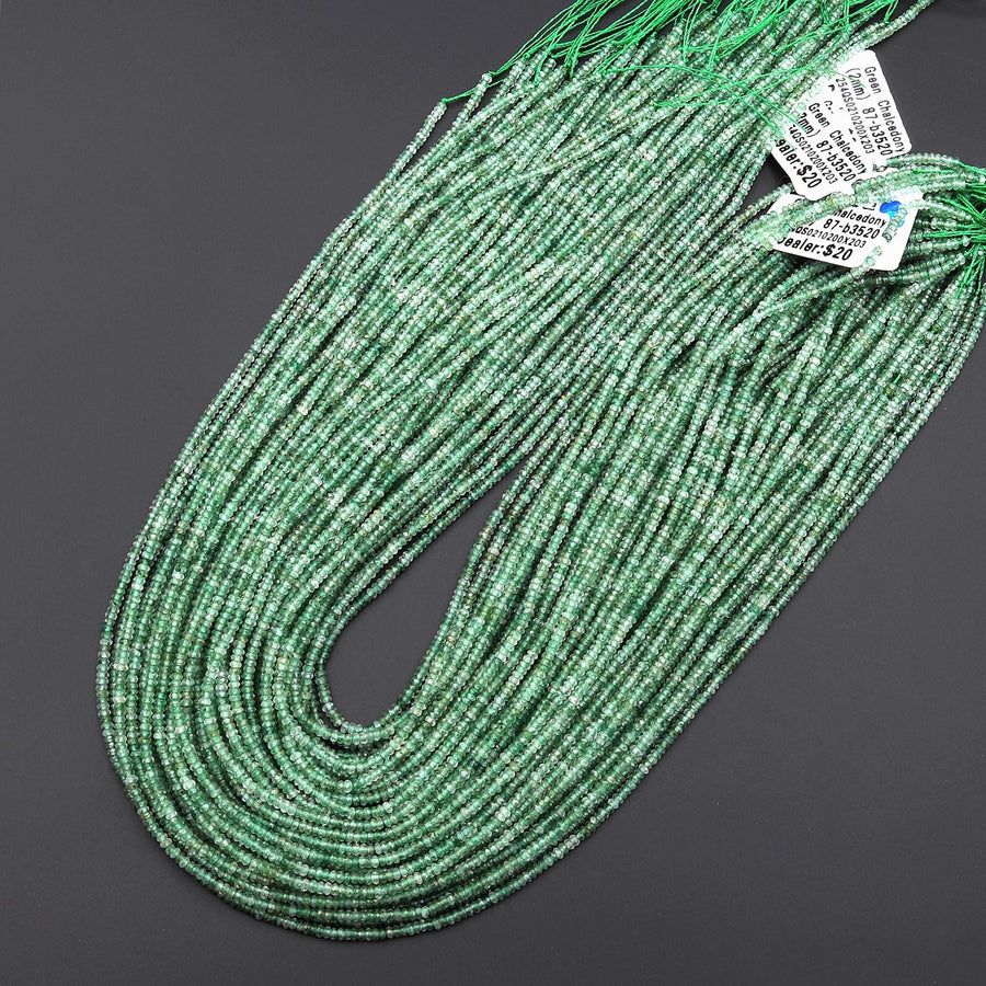 Rare AAA Tiny Small Faceted African Green Chalcedony 2mm Rondelle Beads Gemstone 15.5" Strand