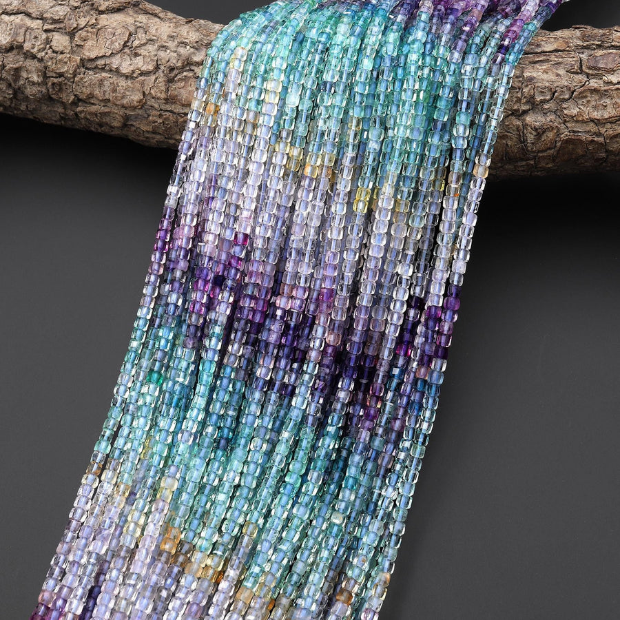 AAA Natural Rainbow Fluorite Faceted 3mm Cube Beads Purple Blue Green Yellow Gemstone 15.5" Strand