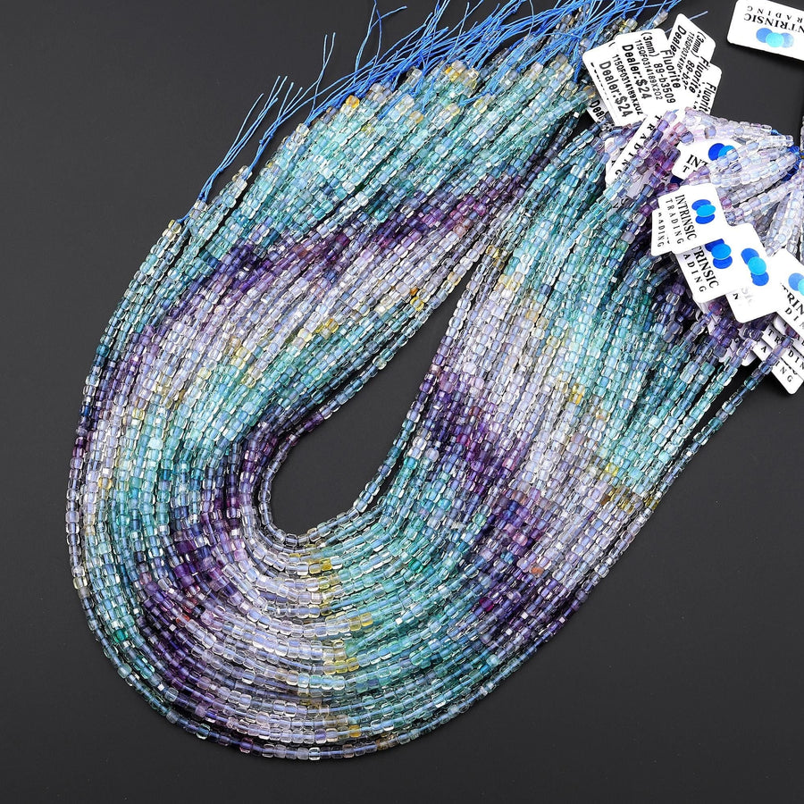AAA Natural Rainbow Fluorite Faceted 3mm Cube Beads Purple Blue Green Yellow Gemstone 15.5" Strand