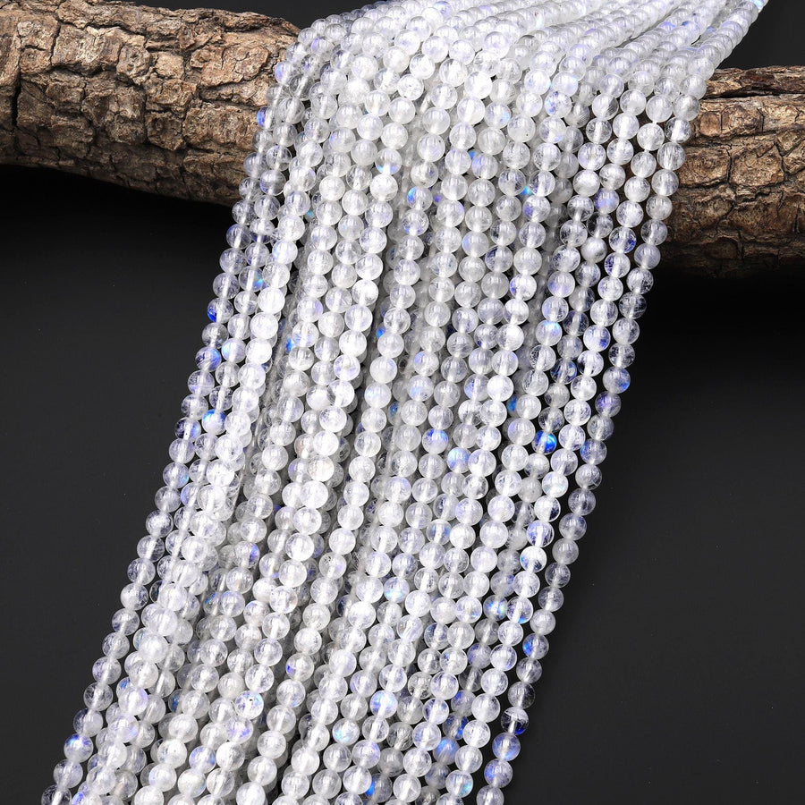 AAA Natural Rainbow Moonstone 4mm Round Beads Blue Flashes 15.5" Strand