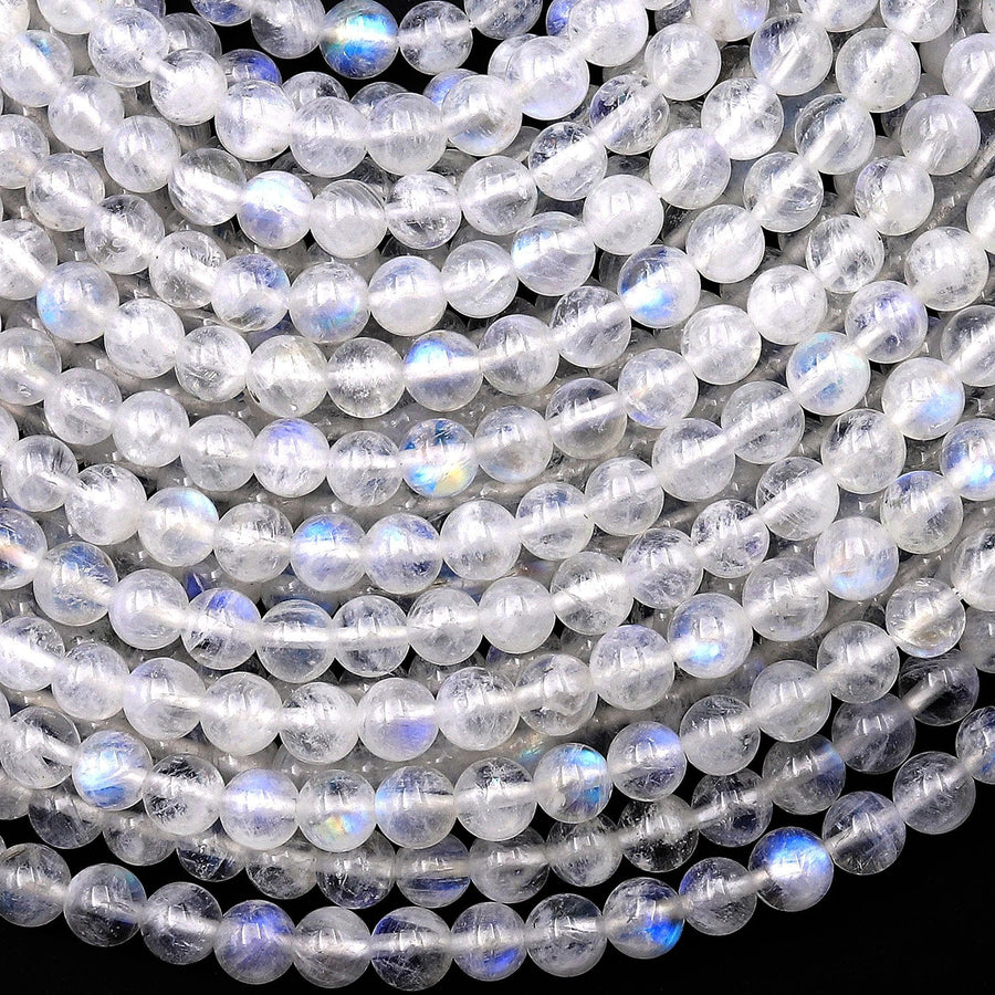 AAA Natural Rainbow Moonstone 4mm Round Beads Blue Flashes 15.5" Strand