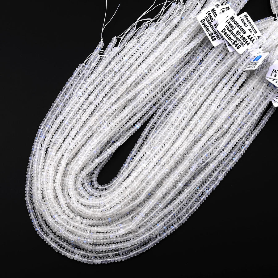 AAA Natural Blue Rainbow Moonstone 4mm Faceted Thin Rondelle Beads Blue Flashes 15.5" Strand