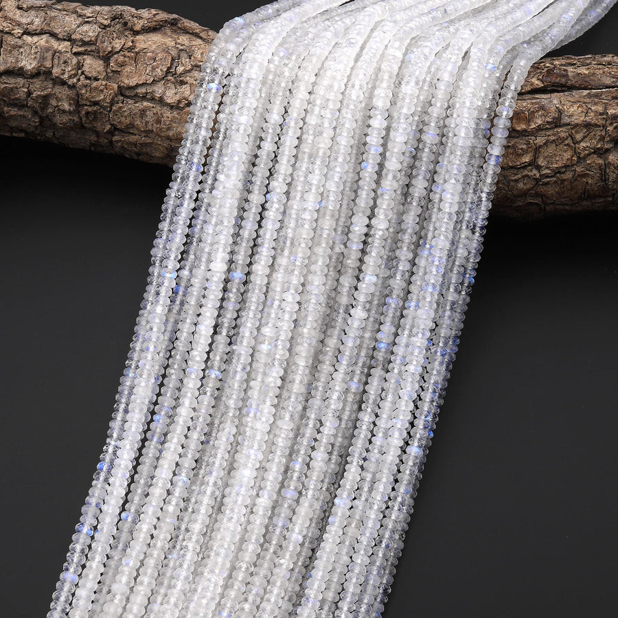 AAA Natural Blue Rainbow Moonstone 4mm Faceted Thin Rondelle Beads Blue Flashes 15.5" Strand