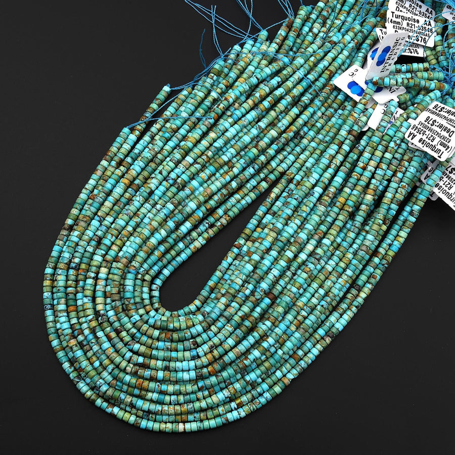 AAA Genuine Natural Blue Green Golden Brown Turquoise 4mm Smooth Heishi Rondelle Beads 15.5" Strand