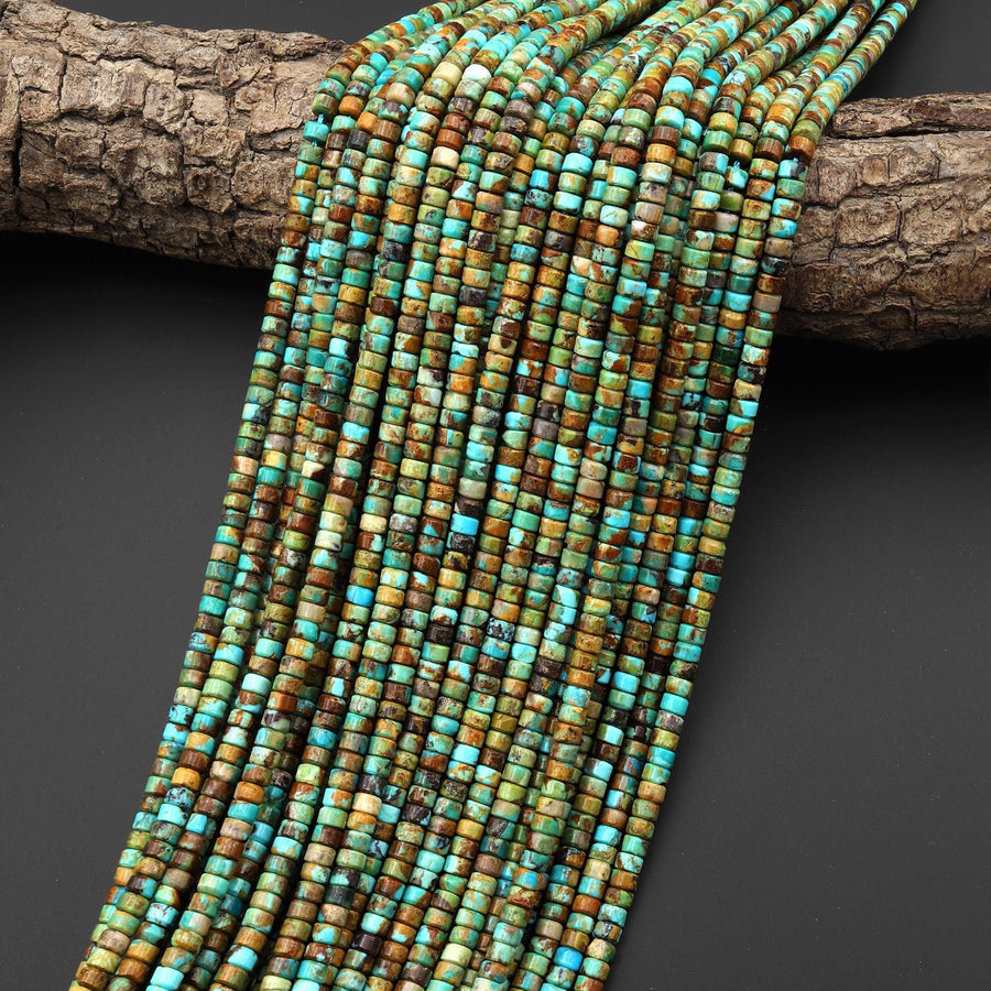 Real Natural Blue Green Golden Brown Turquoise 4mm Smooth Heishi Rondelle Beads Center Drilled 15.5" Strand
