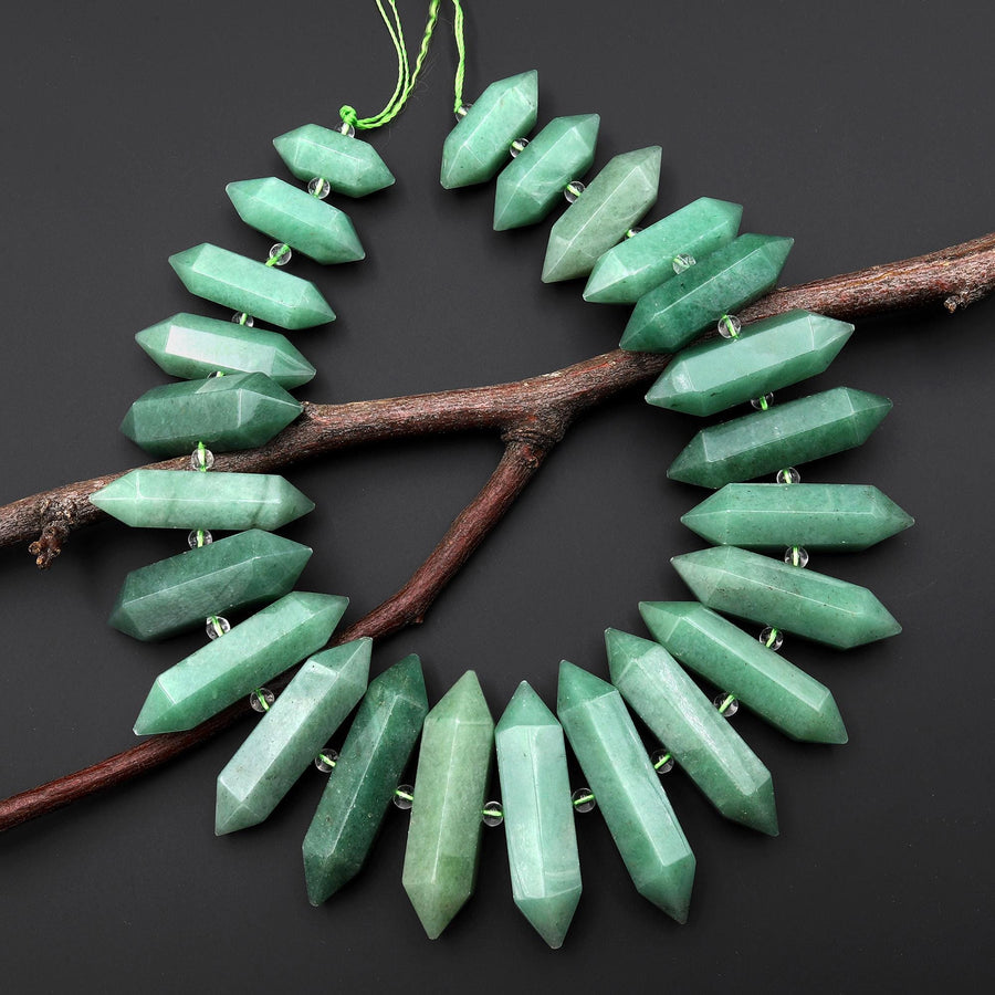 Natural Green Aventurine Beads Double Terminated Points Center Drilled Thin Long Healing Natural Crystal 15.5" Strand