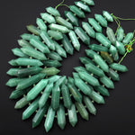 Natural Green Aventurine Beads Double Terminated Points Center Drilled Thin Long Healing Natural Crystal 15.5" Strand