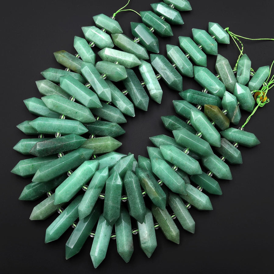 Natural Green Aventurine Beads Double Terminated Points Center Drilled Thin Long Healing Natural Crystal 15.5" Strand