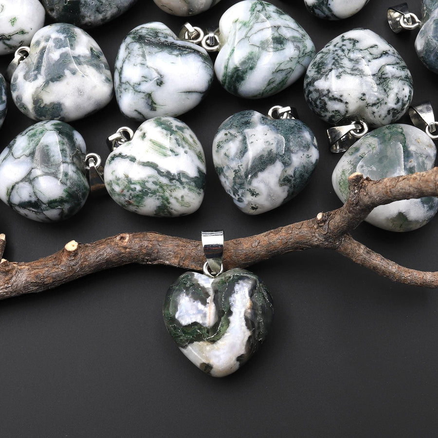 Small Natural Green Tree Agate Puffy Heart Pendant A4