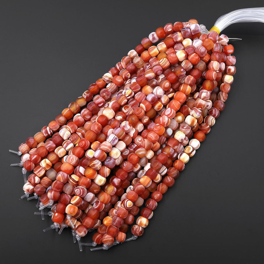 Large Hole Beads Natural Tibetan Fire Agate Beads 10mm Hexagon Cube Aka Orange Red Dragon Agate 8" Strand