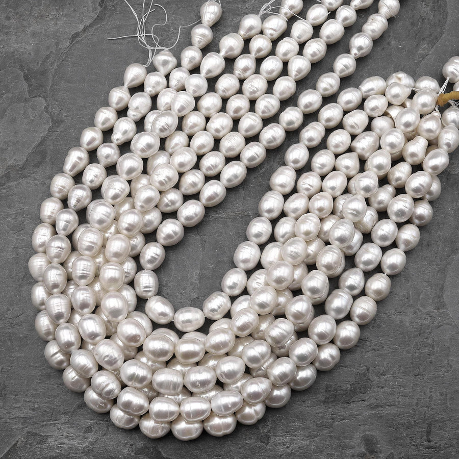 Large Genuine White Freshwater Potato Oval Pearl Shimmery Iridescent Classic White Pearl 15.5" Strand