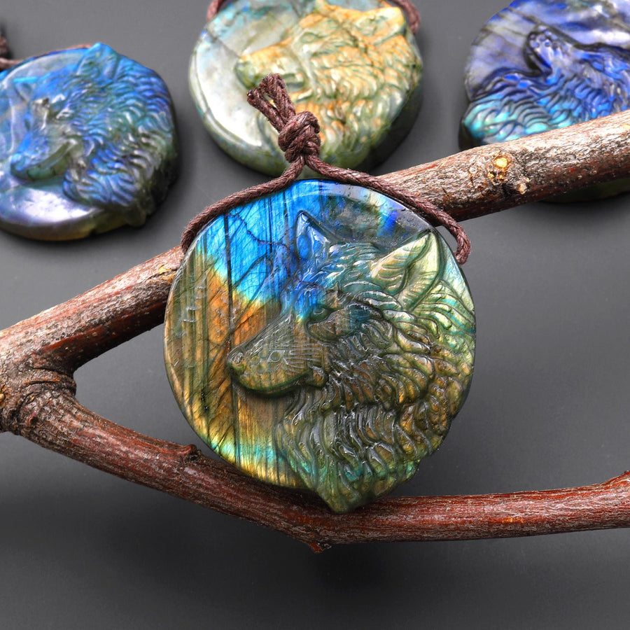 Hand Carved Natural Labradorite Wolf Gemstone Pendant Bead A6