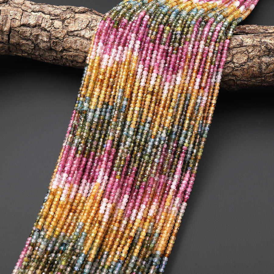 AAA Natural Tourmaline Faceted 3mm Rondelle Beads Yellow Pink Green Blue Golden Yellow Gemstone 15.5" Strand