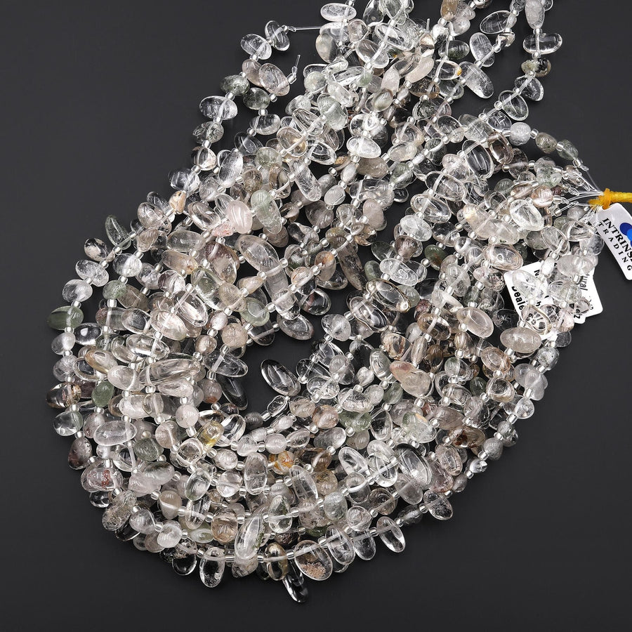 Natural Clear Phantom Quartz Freeform Oval Pebble Nugget Beads Side Drilled Gemstone 15.5" Strand