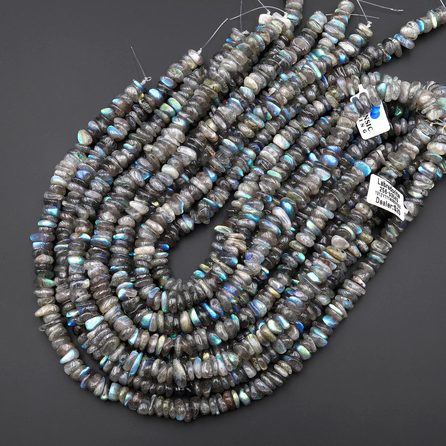 Flashy Natural Labradorite Freeform Rondelle Beads Gemstone 15.5" Strand