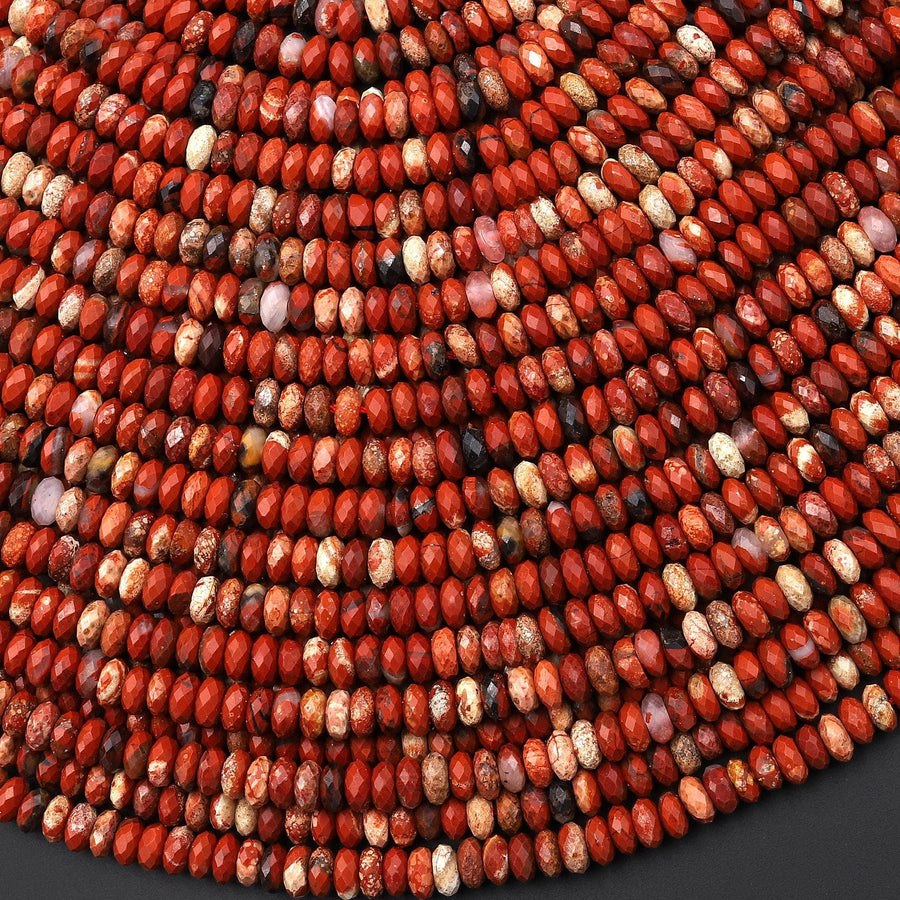 Faceted Natural Brecciated Red Jasper 4mm Thin Rondelle Beads 15.5" Strand