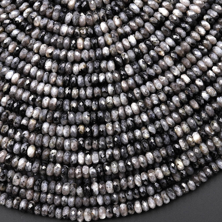 Faceted Natural Larvikite 4mm Thin Rondelle Beads Aka Norway Moonstone Black Labradorite 15.5" Strand