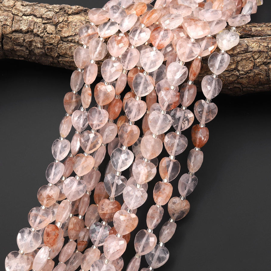 Faceted Natural Red Lepidocrocite Quartz Heart Beads 12mm Gemstone 15.5" Strand