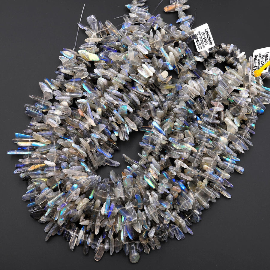 Flashy Natural Labradorite Golden Green Blue Flashes Freeform Top Side Drilled Thin Long Spike Point Beads Gemstone 15.5" Strand