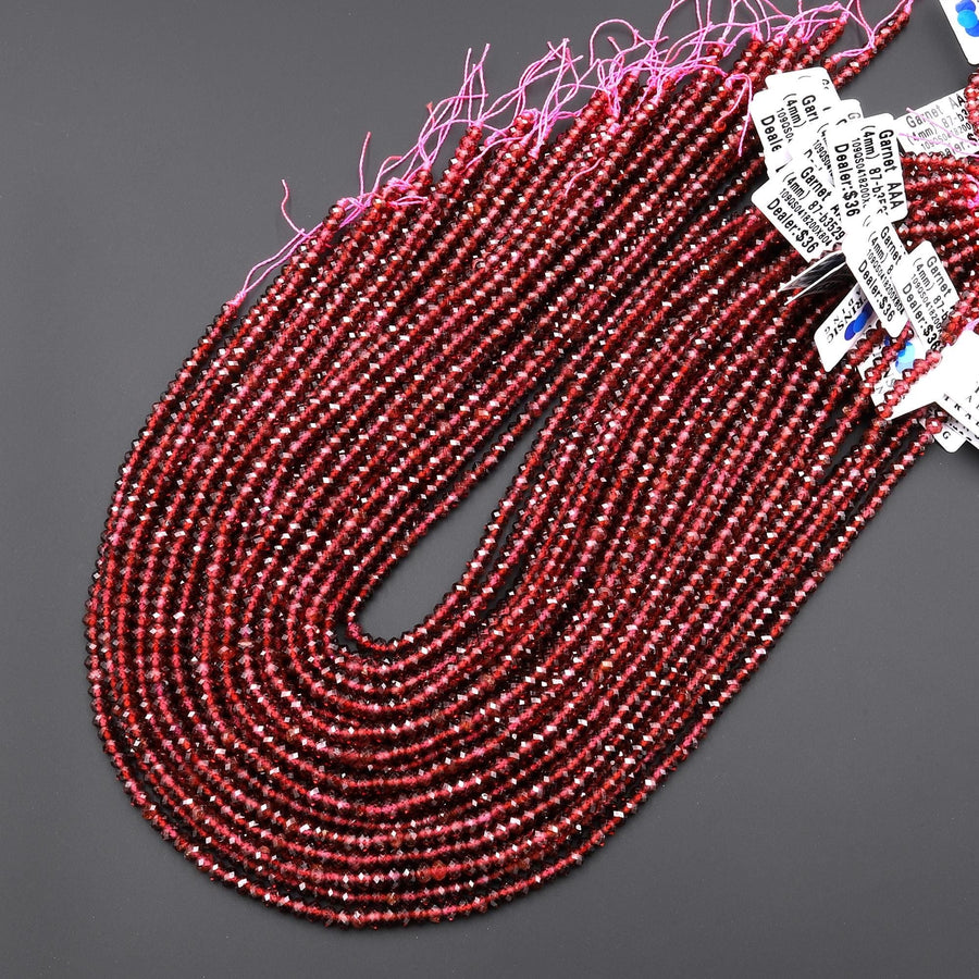 AAA Natural Red Garnet Faceted 4mm Rondelle Beads Translucent Gemstone 15.5" Strand