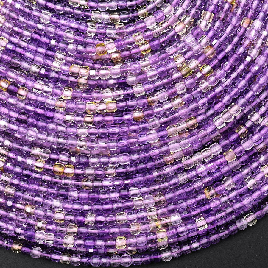 Faceted Natural Ametrine 2mm Cube Beads Micro Laser Diamond Cut Gemstone 15.5" Strand
