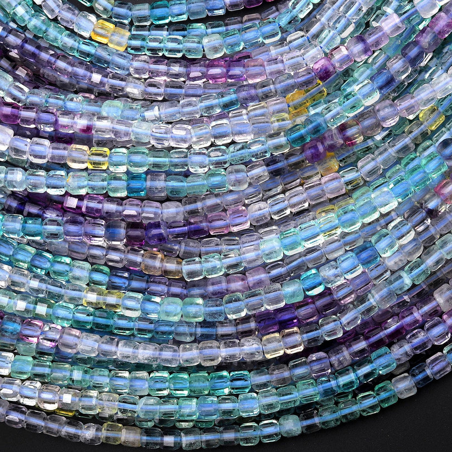 AAA Natural Rainbow Fluorite Faceted 3mm Cube Beads Purple Blue Green Yellow Gemstone 15.5" Strand