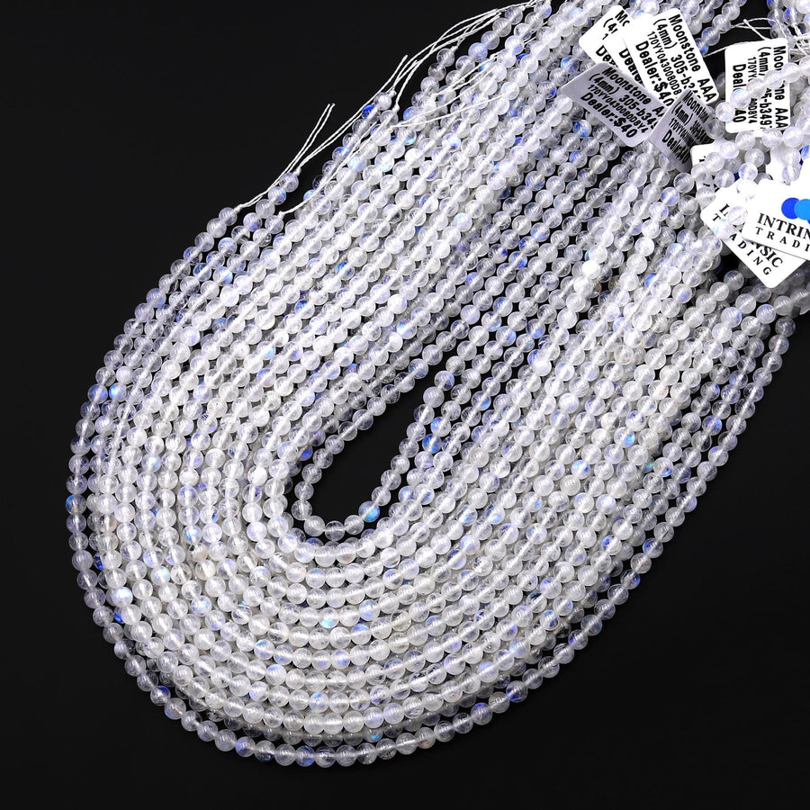AAA Natural Rainbow Moonstone 4mm Round Beads Blue Flashes 15.5" Strand