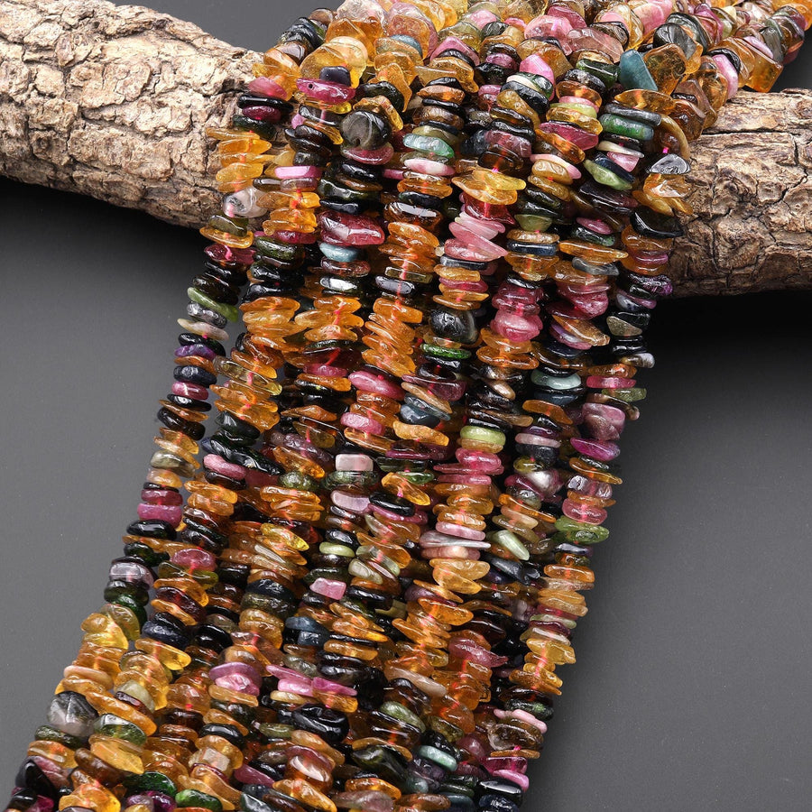 Translucent Natural Blue Green Pink Yellow Cognac Tourmaline Freeform Thin Rondelle Beads Gemstone 15.5" Strand