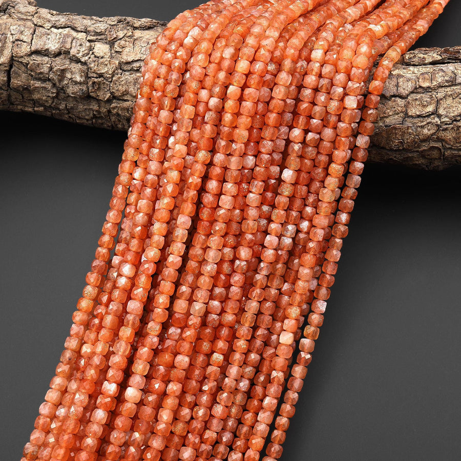 AAA Natural Sunstone Faceted 4mm Cube Gemstone Beads 15.5" Strand