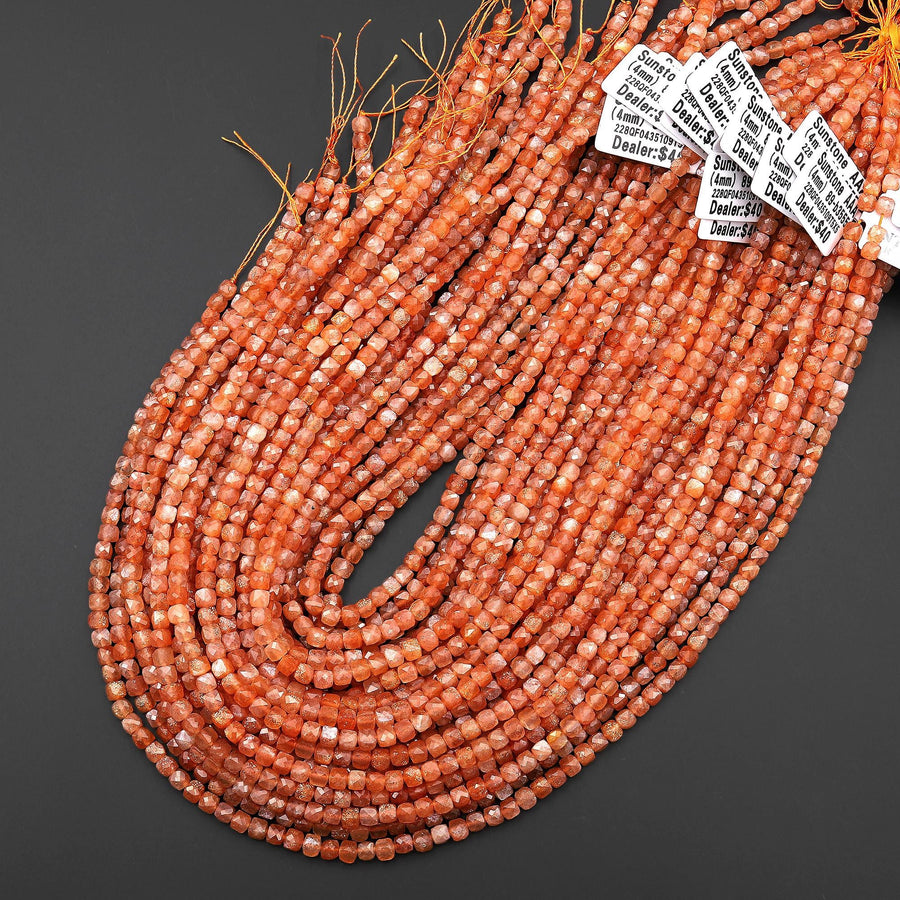 AAA Natural Sunstone Faceted 4mm Cube Gemstone Beads 15.5" Strand