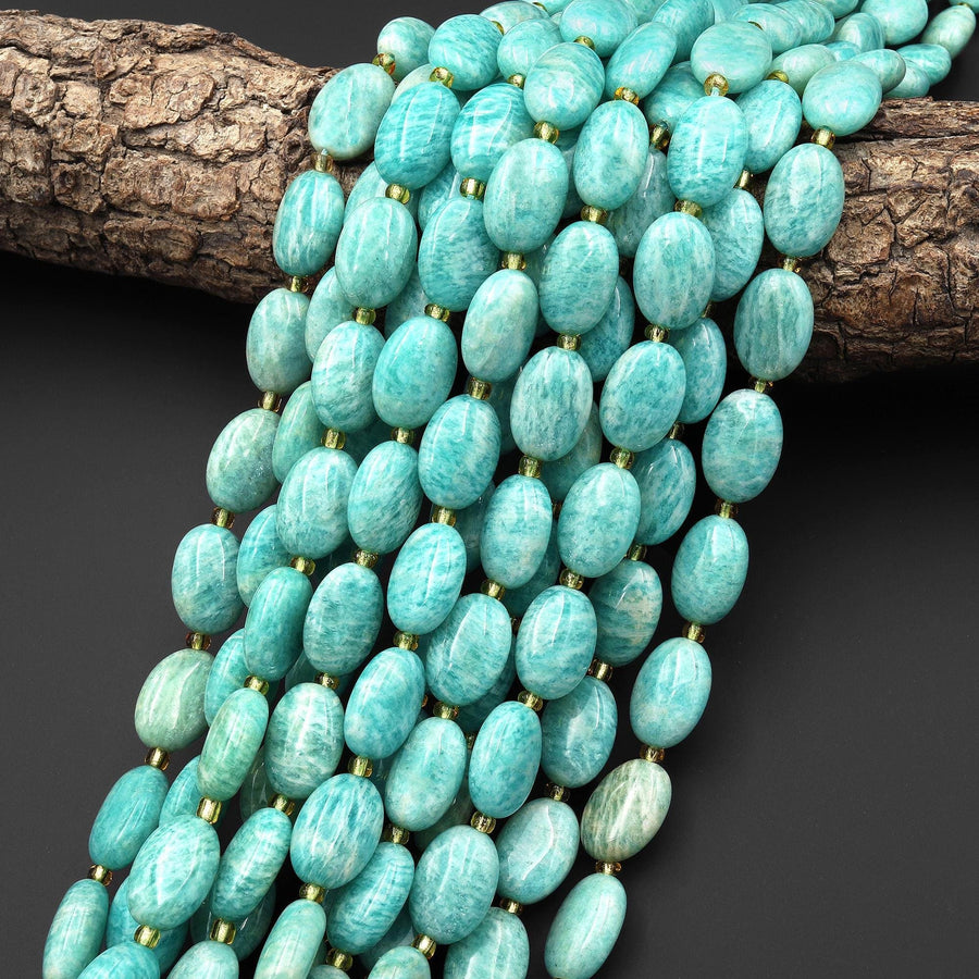 Natural Aqua Blue Green Peruvian Amazonite Smooth Oval Beads 10x14mm 15.5" Strand