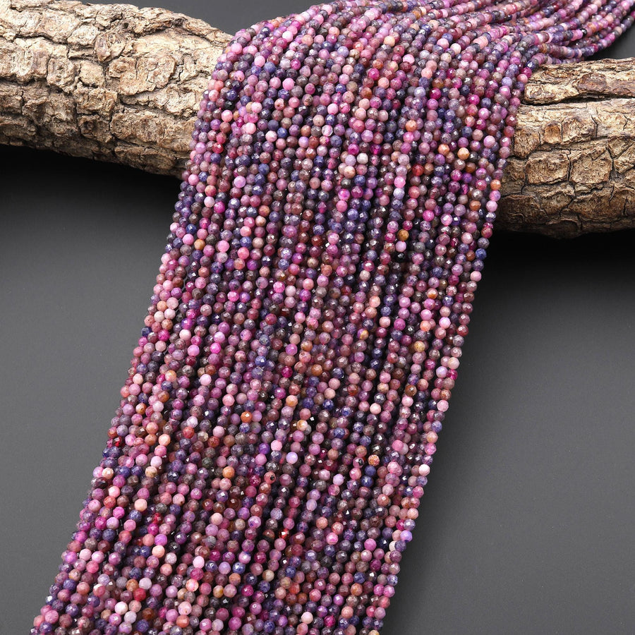 Faceted Natural Blue Sapphire Pink Ruby 2mm Round Gemstone Beads 15.5" Strand