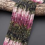 Natural Pink Green Tourmaline Faceted 3mm Round Beads Ombre Gemstone 15.5" Strand