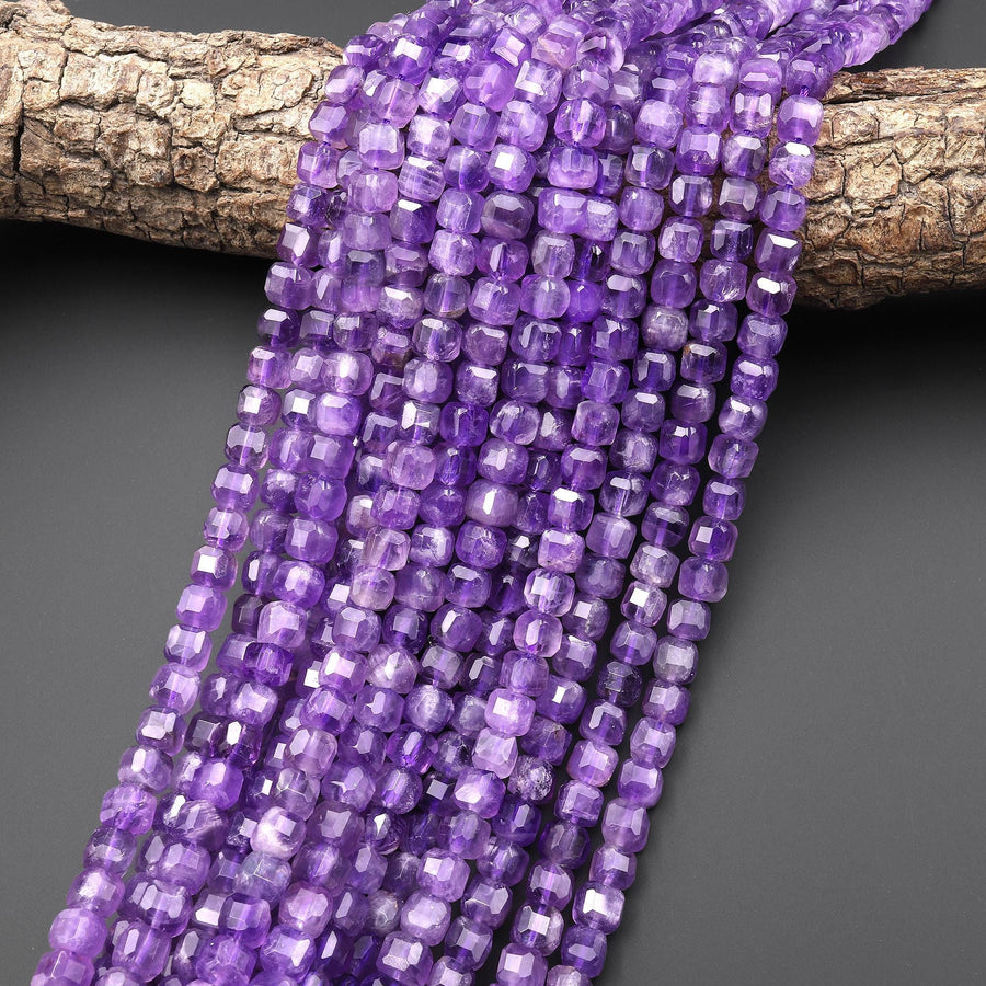 Faceted Natural Purple Amethyst 6mm Cube Beads 15.5" Strand