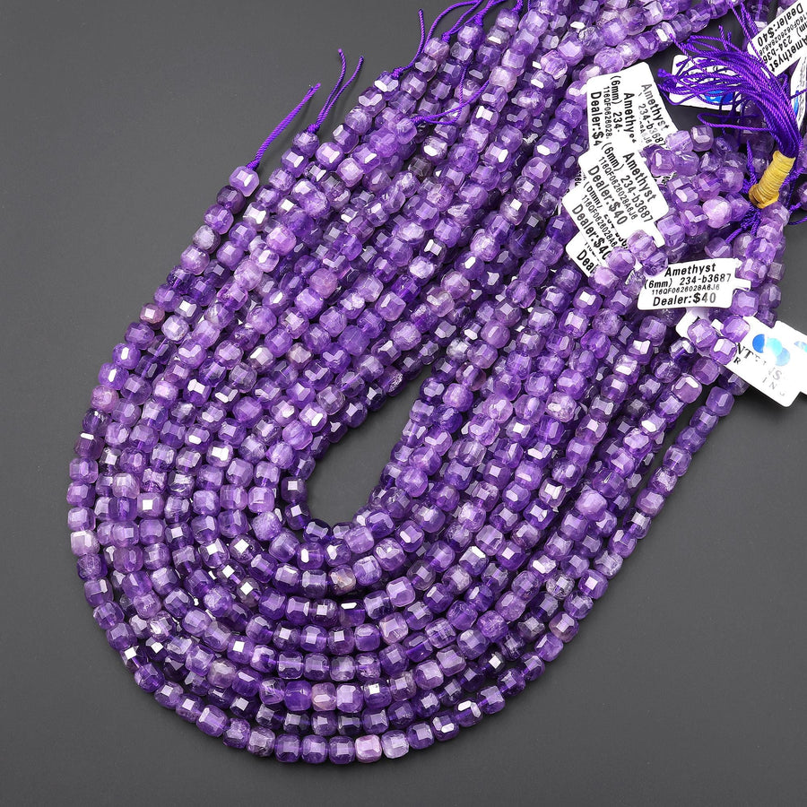 Faceted Natural Purple Amethyst 6mm Cube Beads 15.5" Strand